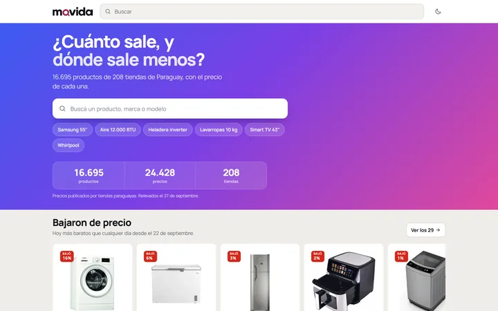 La portada de Movida: el buscador y los rubros